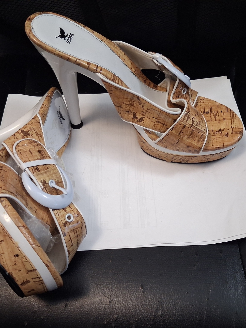 Cork-Pattern Platform Heels with White Trim and Buckle